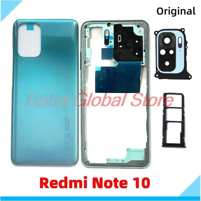 Frames originele behuizing reparatie voor Xiaomi Redmi Opmerking 10 achteromslag + middelste frame + volumeknop + cameraglaslens + SIM -lade