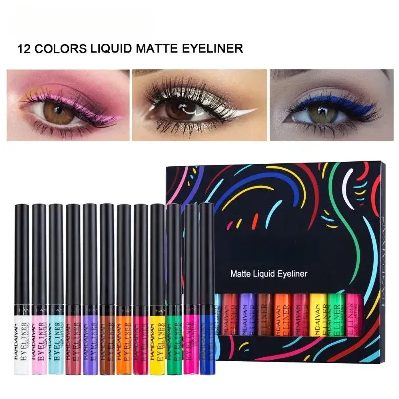 Eyeliner 12pcs Set farbenfrohe flüssige Eyeliner Bleistift wasserdicht langlastend schnelldrys Keine blühenden blauen rosa Augen Liner Pen Cosmetics -Werkzeuge