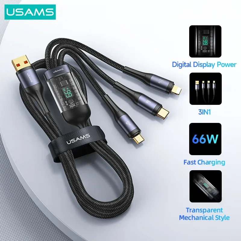 Accessori USAMS U83 66W 3 in 1 Cavo di visualizzazione digitale PD QC Cavo di tipo C di ricarica rapida USB per iPhone 14 13 12 Pro Max Huawei Xiaomi Samsung