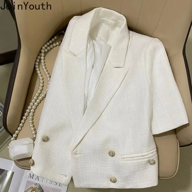 Темперамент Blazer Женская одежда мода летние куртки с коротким рукавом туникой винтажные топы излива двойной грудь 240417