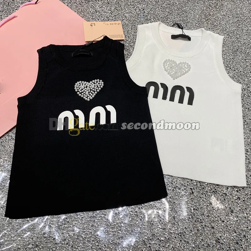 Heart Pattern Tanks Top women Pearl Decoration Vest Round Neck Knits T Shirt Summer Elastic Vests