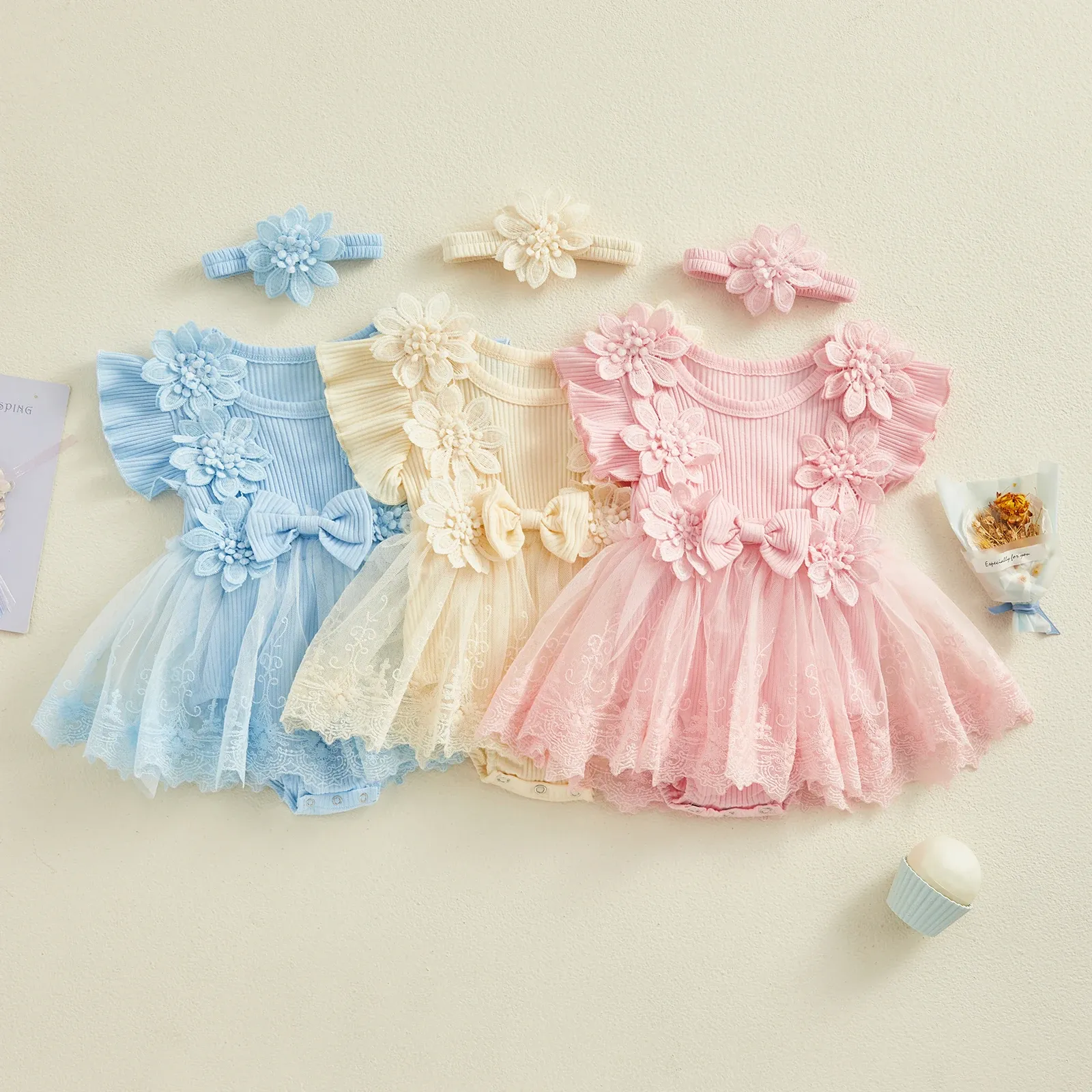 ワンピースpudcoco幼児の女の赤ちゃん2ピース服メッシュレースパッチワークラッフルロンパードレスとヘッドバンドかわいいファッション夏の服018m