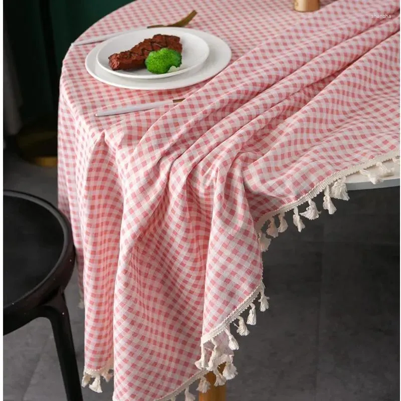 Table Cloth Pink Plaid Round Tablecloth With Tassel Anti-stain Elegant Tablecloths Cover Arty Cloak