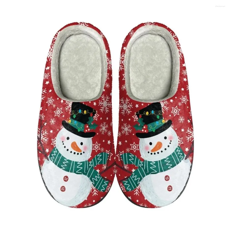 Pantoufles dessin animé Snowman Cotton Snowflake Anti-slip Print Red Fuzzy Cozy Chaussures intérieures Félantes chaudes Flanelle Sandalias de Mujer 2024