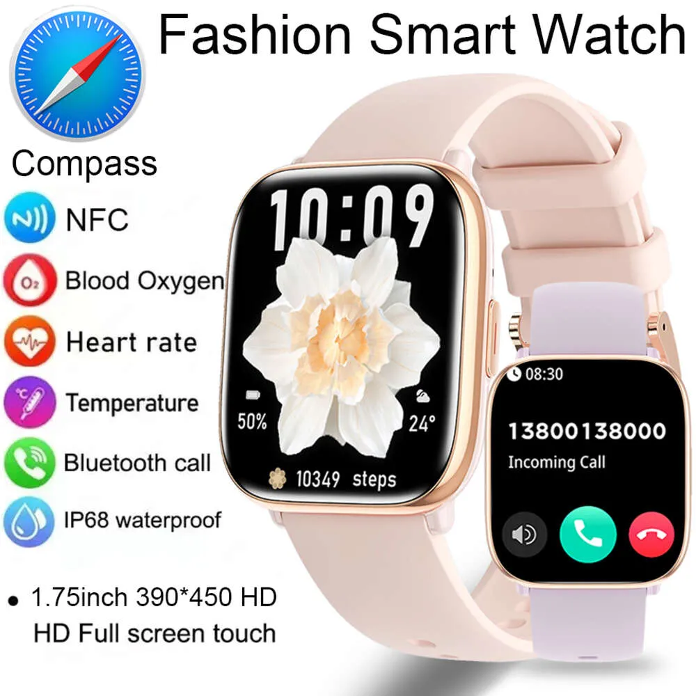 Compass NFC Bluetooth Call Women SmartWatch 1.75 '' Vollbild -Touch Watch Ladies Herzfrequenzmonitor Smart Watch für Android iOS