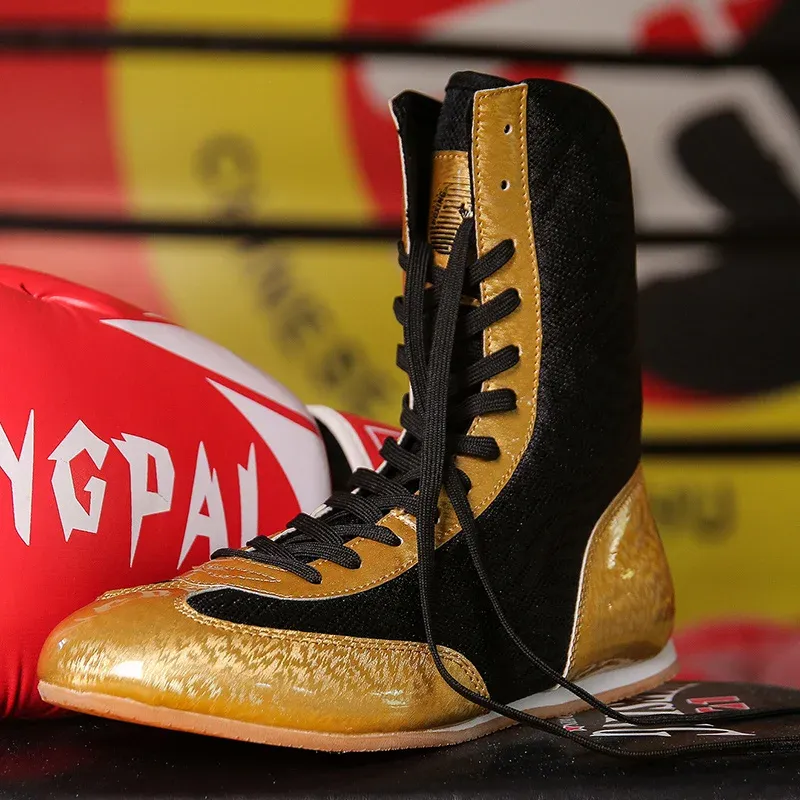 Sapatos Sapatos profissionais de luta livre de boxe meninos e adolescentes malha de combate respirável tênis de ouro