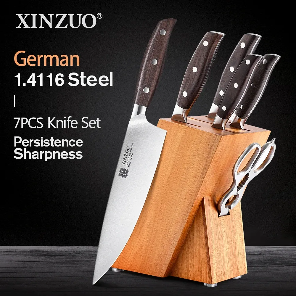 Noże Xinzuo 7pcs Zestaw nożem niemiecki 1.4116 Użyteczność ze stali nierdzewnej krojenia szefa kuchni santoku nożyce wielofunkcyjne nożyczki kuchenne