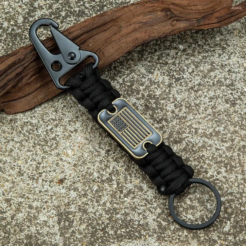 Keychains MKENDN Tactical Survival Tools Keychain With Bronze USA Flag Men Outdoor Camping Emergency Paracords Olecranon Clip Carabiner