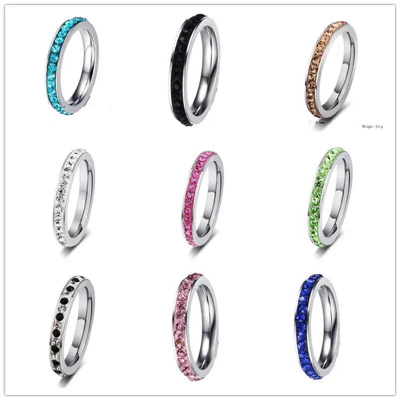 Bands QianBei 4MM Stainless Steel Ring Band One Row Color Crystal Rhinestone Women Men Wedding Cocktail Graduation Class Xmas Gift