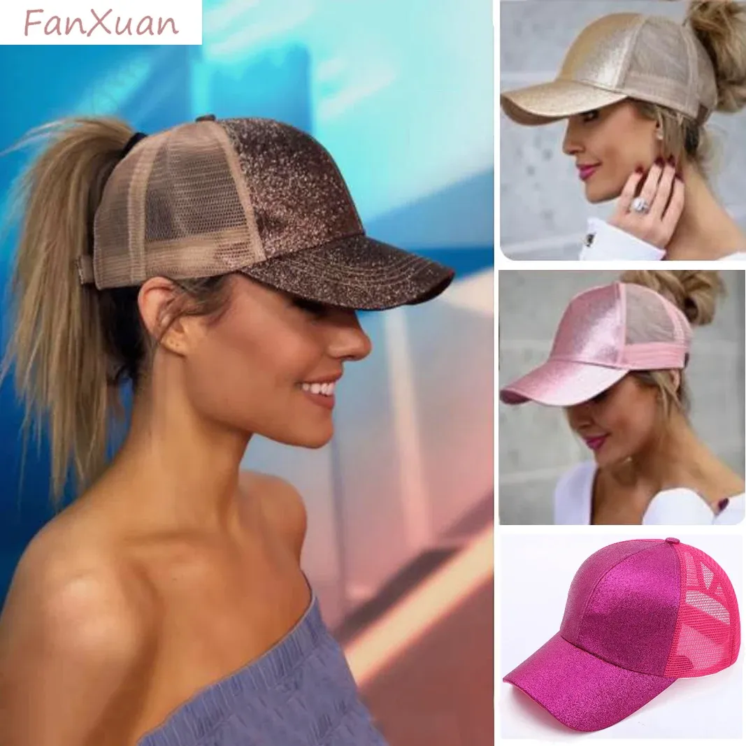 Softball Ponytail Baseball Cap für Frauen glänzende Glitzer -Pailletten Frau Sommer Cap Mesh Sunhat Pure Color High Chaos Bun Hut