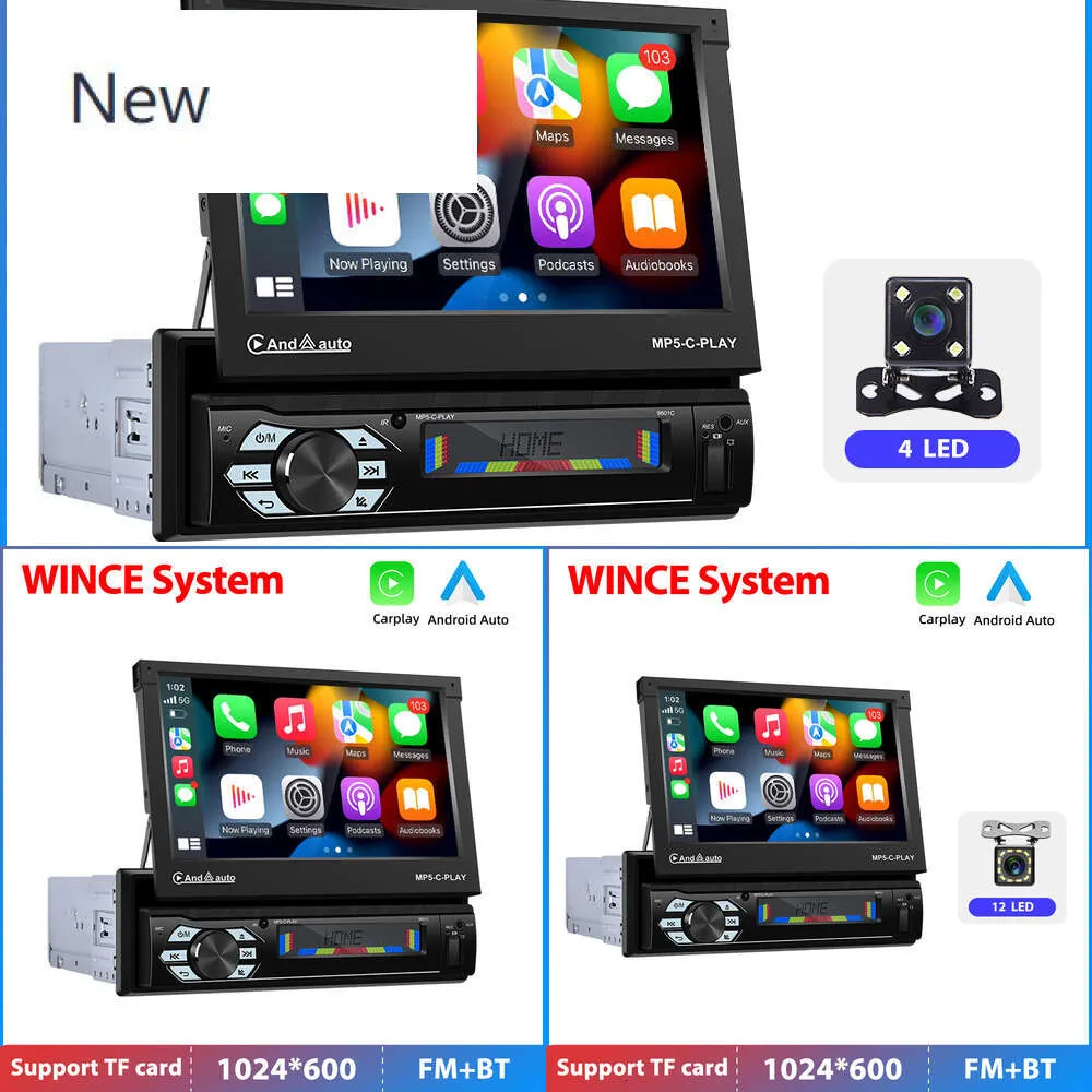 New 1din Car Radio Carplay Auto 7" IPS Retractable Screen 1 Din Android 10 Multimedia Player Universal Audio Video