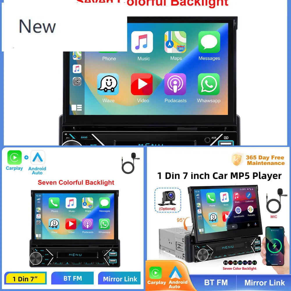 Nowy 1din 7 "Automatycznie wymobiony monitor ekranu dotykowego z odbiornikiem radiowym Carplay Bluetooth FM dla uniwersalnego samochodu MP5
