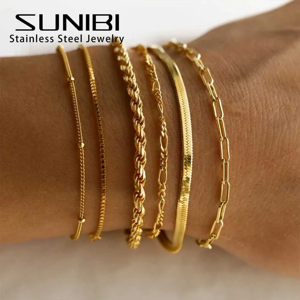 Beaded SUNIBI Classic Snake Chain Bracelets for Women Trend Fashion Stainless Steel Cuban Chain Bracelet Trendy Woman Gifts Jewelry 240423