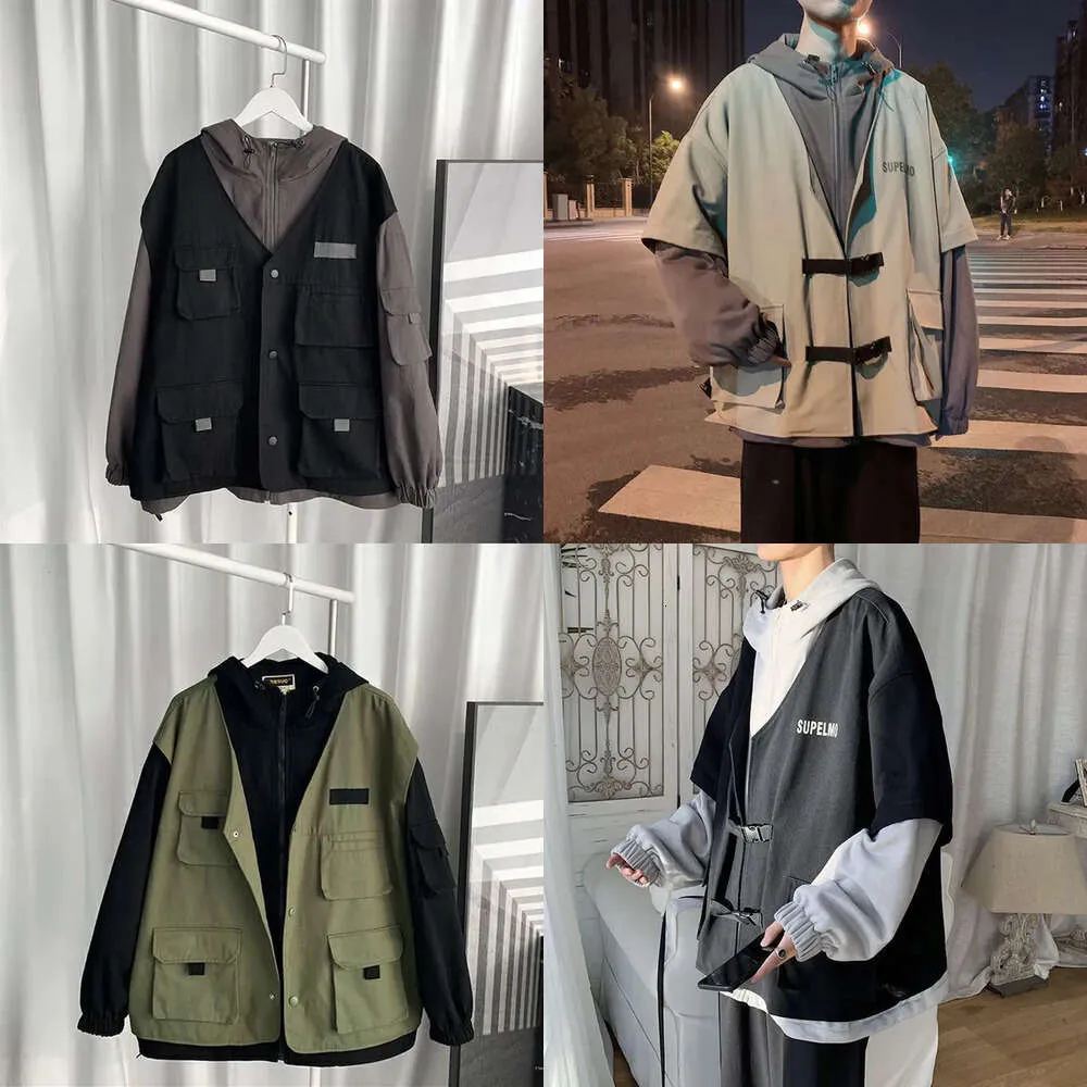 Jackets Herren Fake Twopiece Tooling Herren Spring Lose Trend Allmatch Hong Kong Style Hooded Jacke Ladung Techwear Varsity Coat 221121