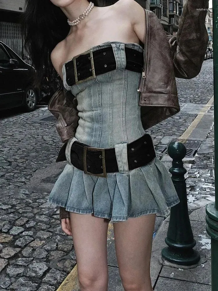 HOUZHOU Vintage Y2k Denim Mini Dress Korean Style... From Renshenguo, $17.42 In Bulk