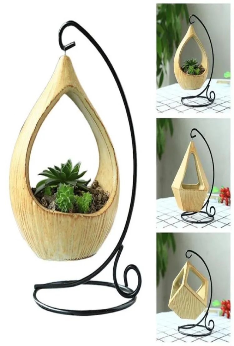 Iron Stand Hanging Basket Microlandschaft Geometric Ceramic Succulent Plants Flower Pot Iron Hook Desk Bracketplant Pot5943741