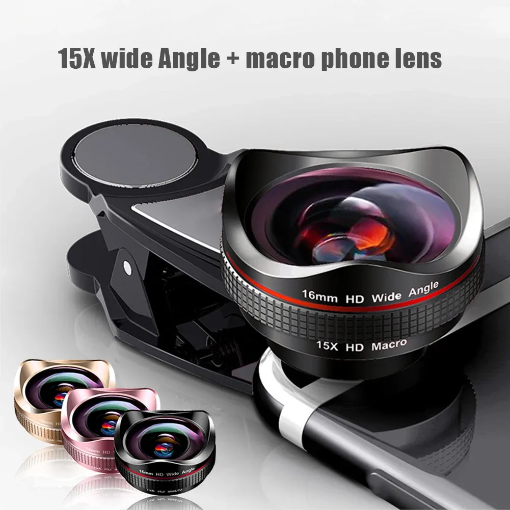 Filtreler 16mm 4K Süper Geniş Açılı Makro Telefon lensi 2 İçinde 1 15x Distorsiyonsuz HD Evrensel Klipsi Kamera Lens Kiti iPhone android lens