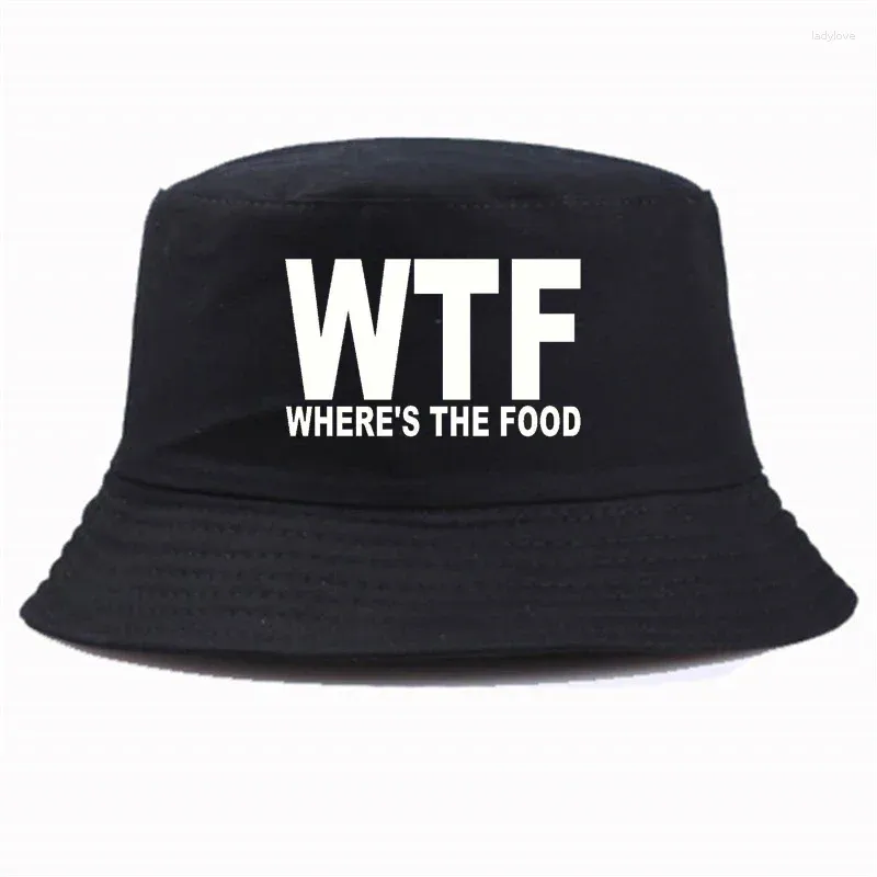 Berets WTF Where The Food Print Bucket Hat Hunting Fishing Outdoor Unisex Fisherman