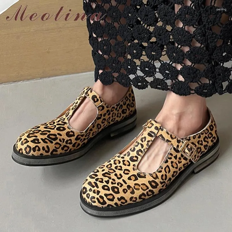 Casual schoenen meotina dames t-riem natuurlijke echt lederen plat rond teen buckle ladies schoenen voorjaar herfst luipaard print 40