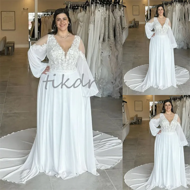 Plus taille de plage robes de mariée 2024 manches longues en V cou de lace en dentelle de terrain Boho Bride Robe Elegant Gatsby Bohemian Country Bridal Bridal Robe de Mariee Charming