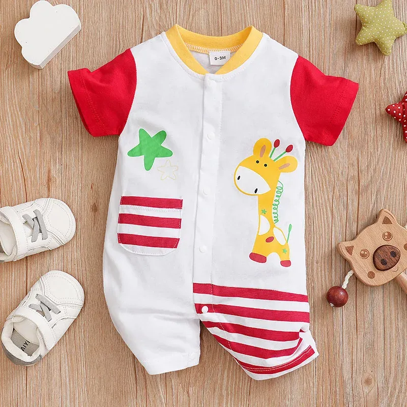 Jednoczęściowe ubrania noworodka urocze kreskówka żyrafa nadrukowana bawełniana i wygodna miękka letnia chłopcy i dziewczęta krótkie rękawy Babyjumpsuit