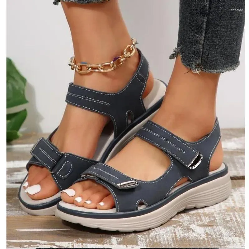 Sapatos casuais da marca Hook Loop Sandals Women Summer Leather Leisure Wedge Platform Blue Girls Outside Anti-Slide Apricot 42