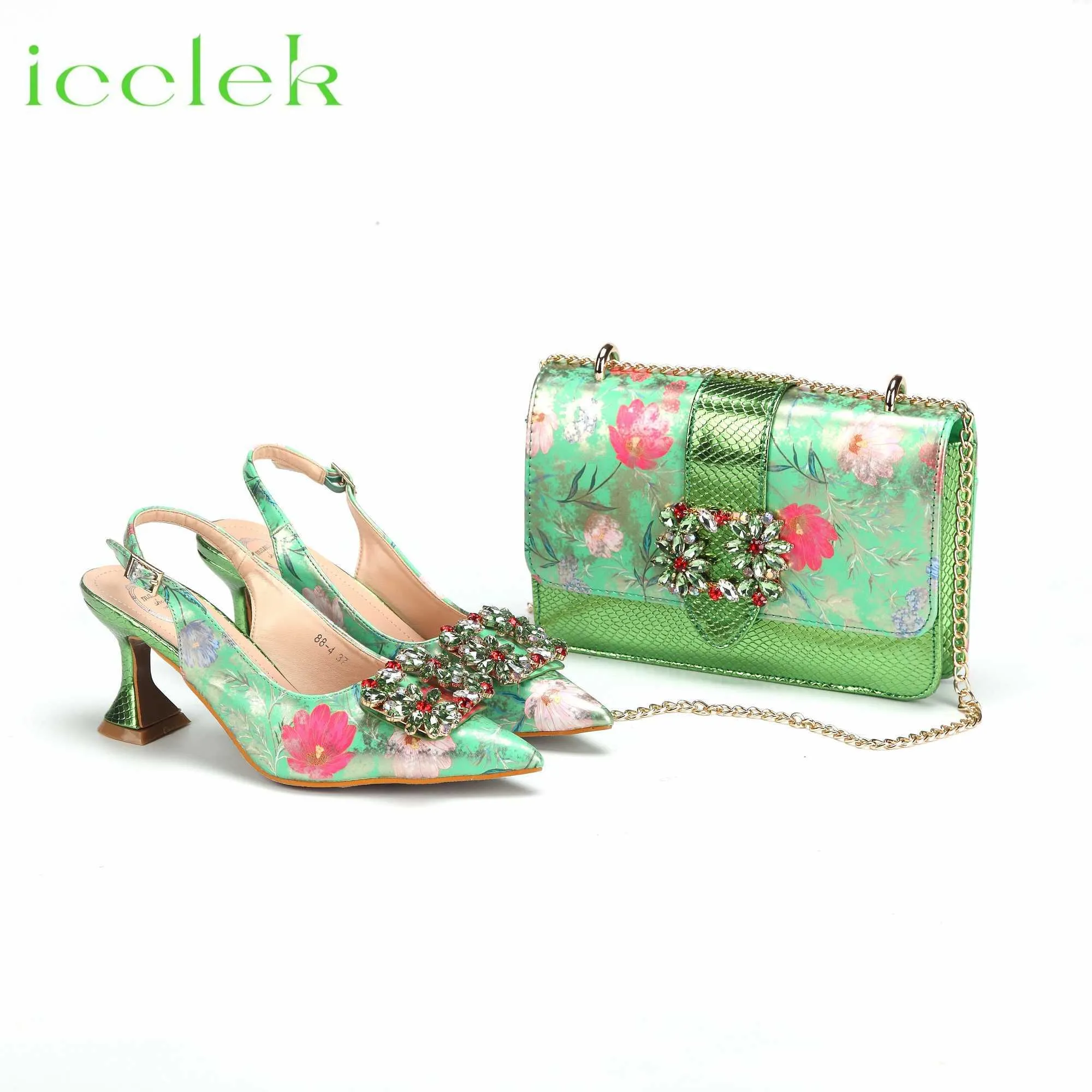 Sandals New Green Color Mature Design Pointed Toe Ladies Sandal Printing Flower Material Shoes and Bag Set For Women Wedding PartyL2404