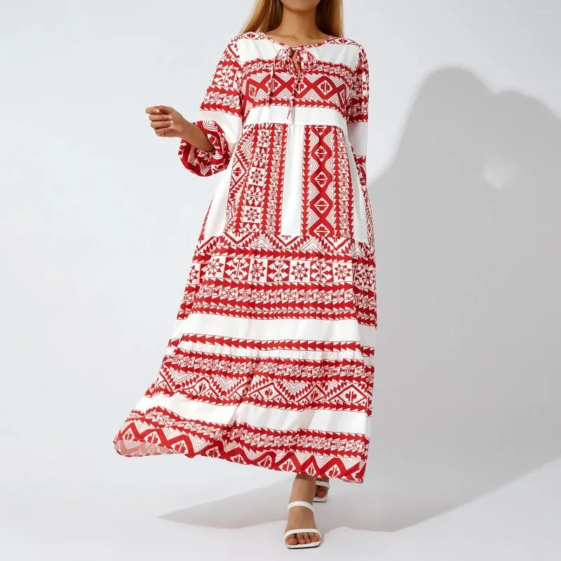 Feestjurken vrouwen zomer mode boho maxi jurk geometrische print veter o-neck puff puff mouw swing losse vakantie strand sundress