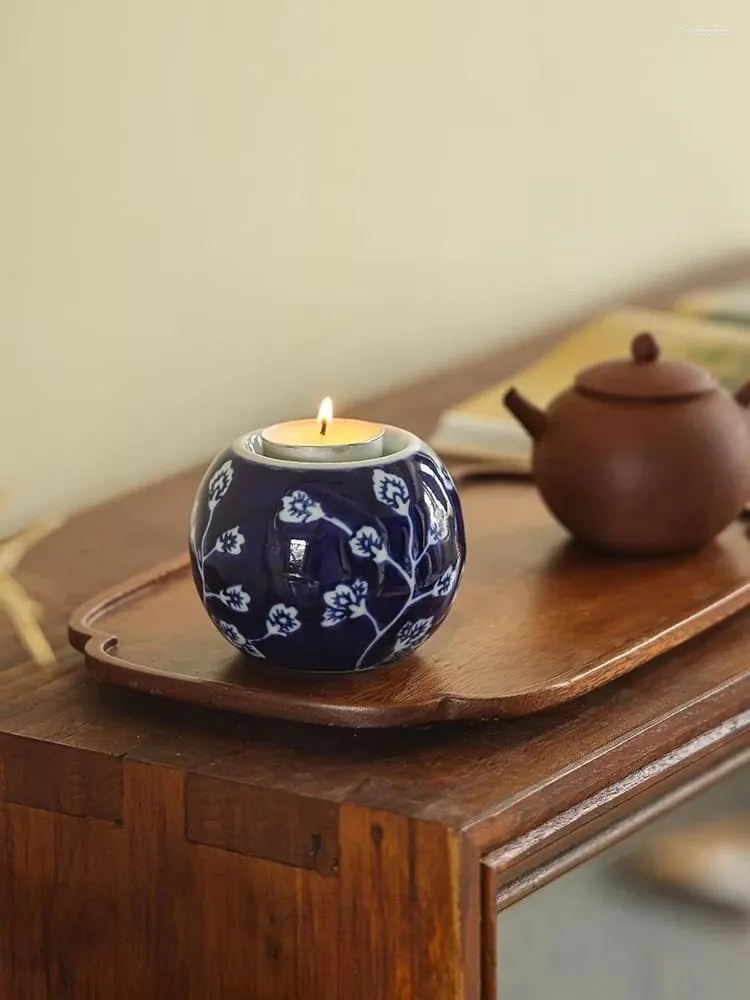 Bougeoirs Classic Blue and White Porcelaine Holder chinois oriental traditionnel de thé en céramique de bureau Décoration de bureau