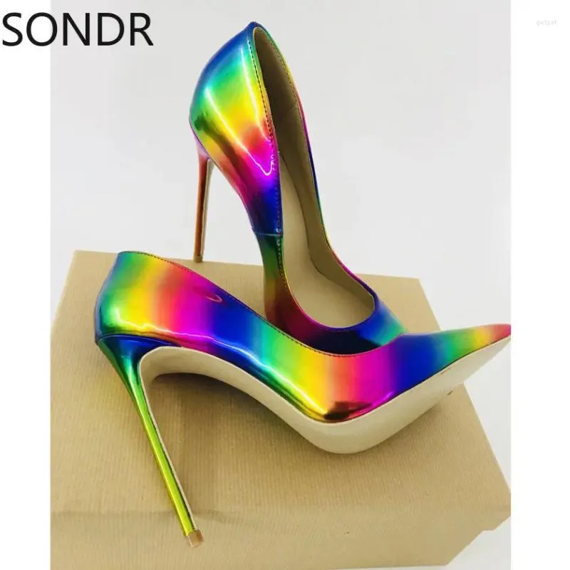 Dress Shoes Womens Pointed Toe Pumps Rainbow Color Stilettos High Heels Low Top Patent Leather 12cm Plus Size 10Colors Sexy