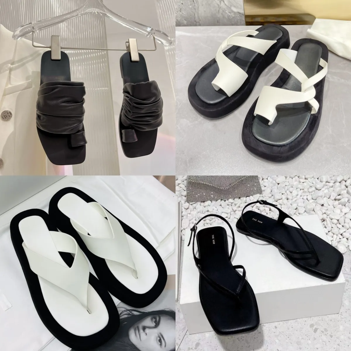 Row Designer Flip Flops Sandals Women Black White Slipperフラットヒールプラットフォームスライド生地サンダルラバースリッパファッションサマーカジュアル