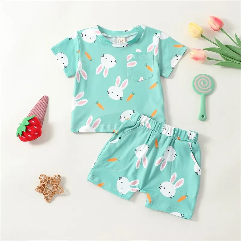 Ensemble Mababy 018m Pâques pour tout-petit bébé bébé bébé fille fille set lapin imprimé short tshirt tenues de vêtements d'été d01