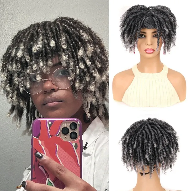 Peruker korta dreadlock flätade pannband peruk syntetisk gudinna faux nu locs curly peruk freetress twist virka hår för svarta vita kvinnor