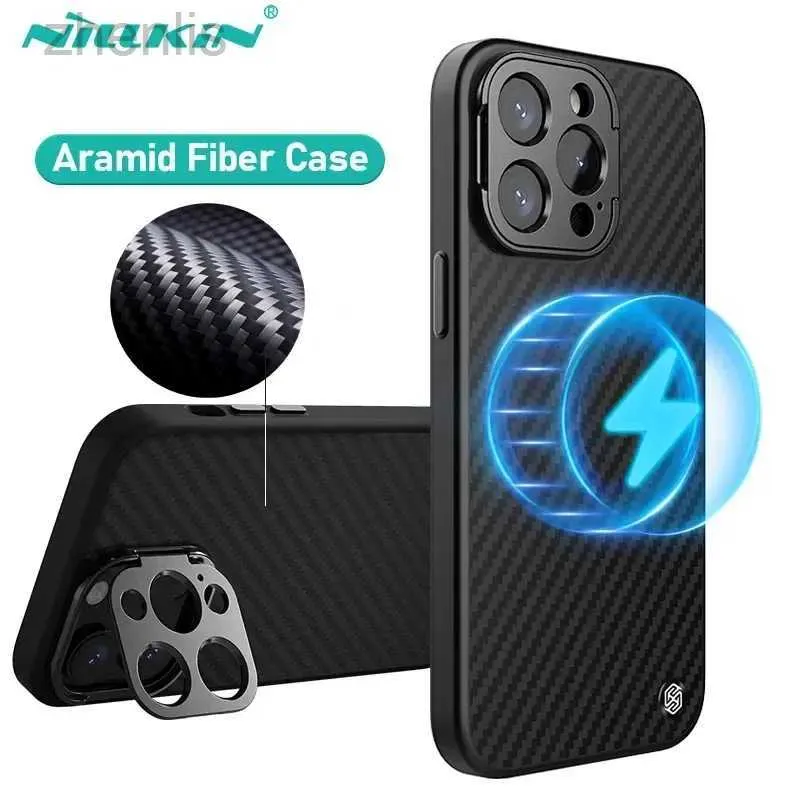 Cep Telefon Kılıfları Nillkin Manyetik Aramid Fiber Kılıf İPhone 15 Pro Max için Kickstand Anti-Drop ile iPhone 14 Pro MagSafe Case D240424