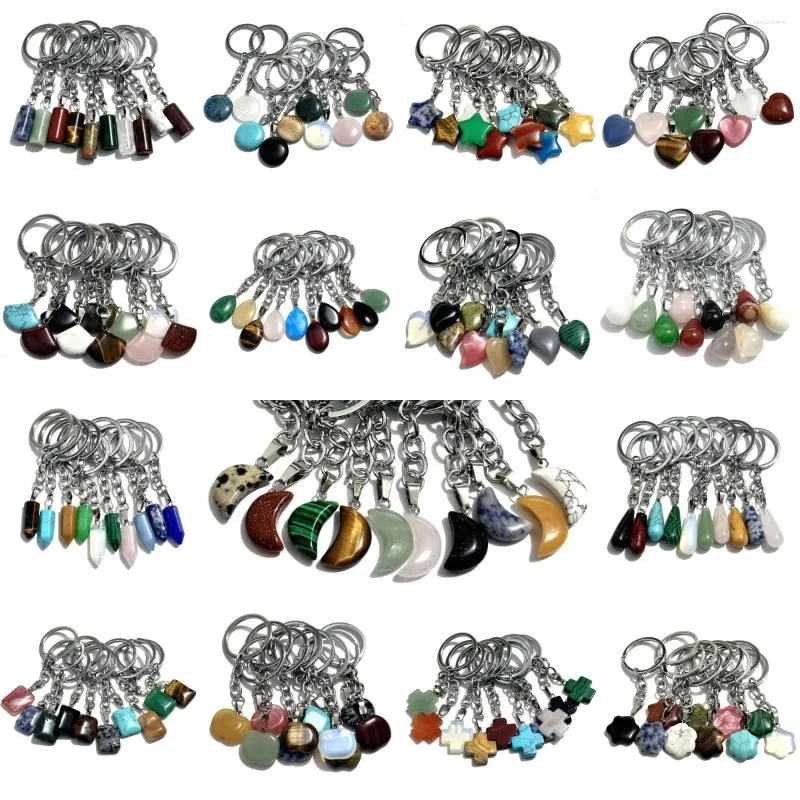 Keychains 10pcs Heart Cross Water Drop Moon Shape Stone Keychain Women Men Colorful Crystal Charms Handbag Hangle Key Ring Holder Jewelry