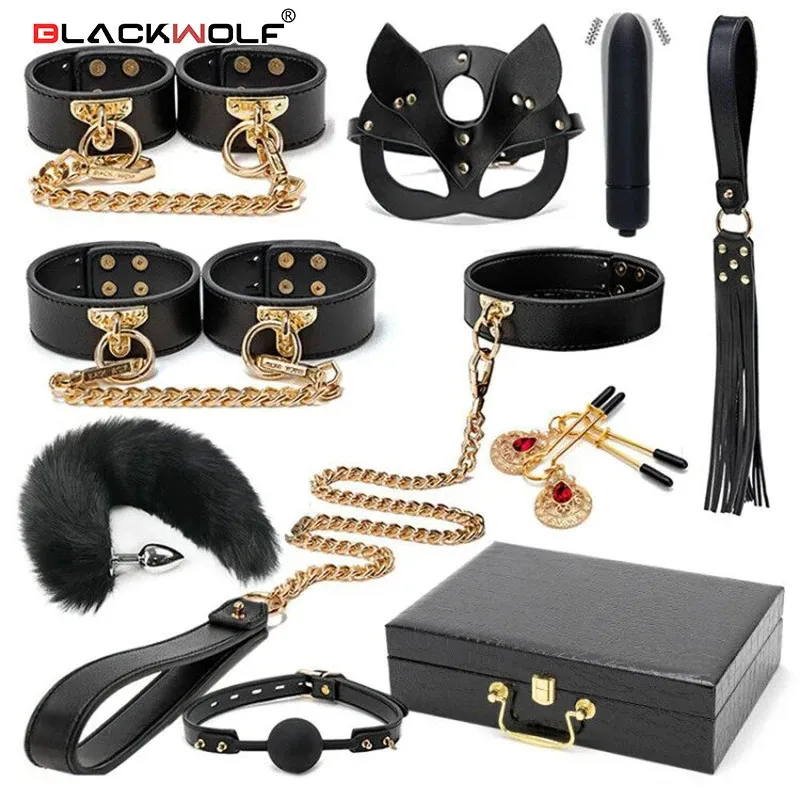 Blackwolf BDSM Bondage Kits äkta läderbegränsning Set Handbojor Collar Gag Vibrators Sex Toys For Women Par Adult Games 240410