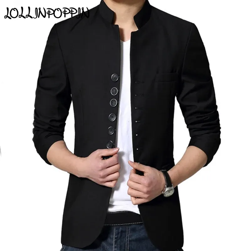 Jackets Chinese Style Mandarin Collar Suit Jacket Single Breasted Tunic Suit Jacket Mens Black Jacket Stand Collar