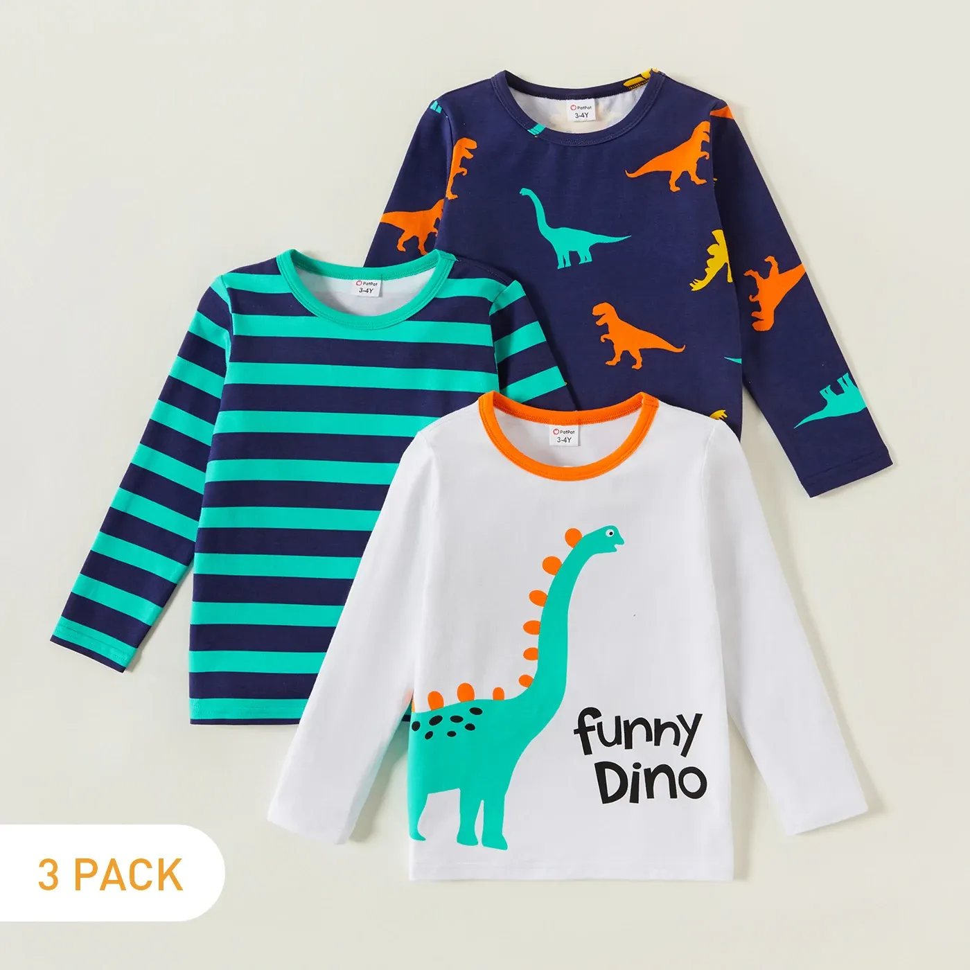 Blazers Patpat 3peece Toddler Boys Boys Longsleeve Tshirt Dinosaur Print Print Tee для мальчика весны и осенней одежды в 3 упаковке