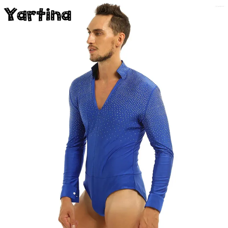 Scene Wear Mens Gymnatics Leotard Ballroom Dance Bodysuit Shirt Shiny Rhinestones Långärmad latin Tango Rumba Tops