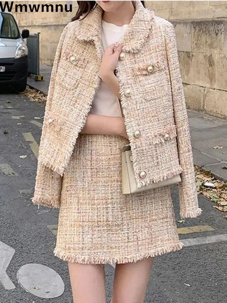 Sukienki robocze Y2K Wool Blend Chic Spódnica 2-częściowa koreańska pojedyncza piersi Tweed Short Coat ConjUntos Fashion A-Line Woolen Falda Outfit