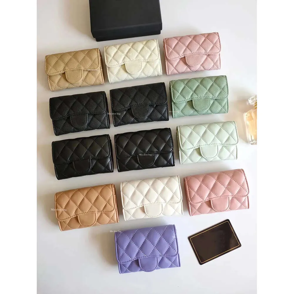 C Fashion Designer Women Card Holders Fold Flap Classic Pattern Caviar Lambskin Wholesale Black Woman Small Mini Wallet Pure Color Pebble Leather With Box