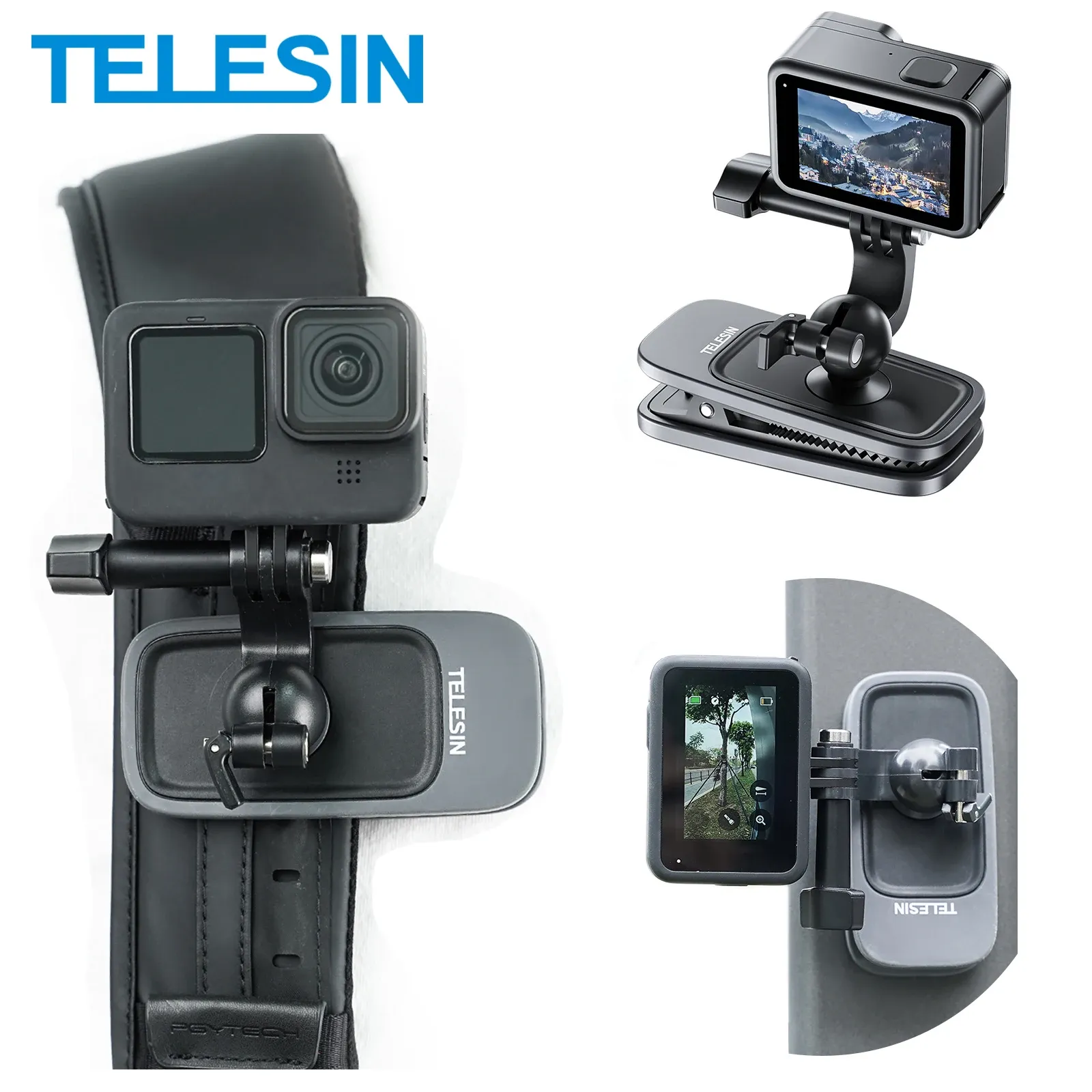 Bags TELESIN 360° Rotation Magnetic Backpack Clip Clamp Mount for Gopro Hero 12 11 10 9 8 7 6 Insta360 X3 GO2 GO3 DJI OSMO Action 3 4