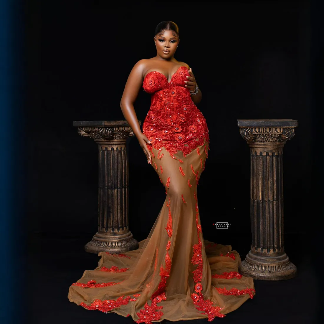 2024 Plus Size Red Prom Dresses for Special Occasions Promdress Evening Dresses Illusion Mermaid Appliqued Beaded Lace Birthday Party Dress Reception Gowns AM763
