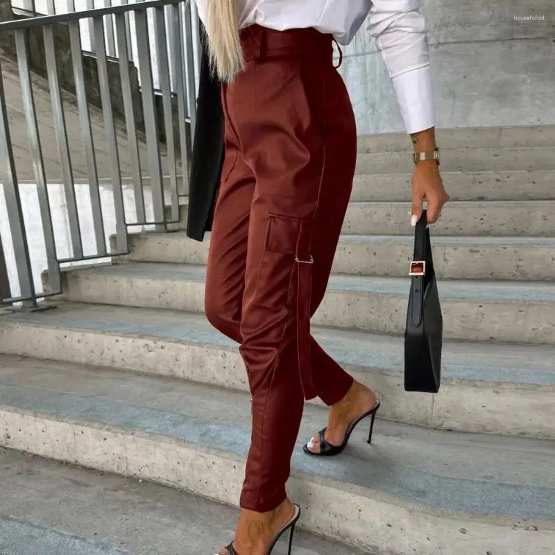 Women's Pants Solid Color Trousers High Waist Faux Leather Pencil With Zipper Decor Multi Pockets For Women Slim Fit Long
