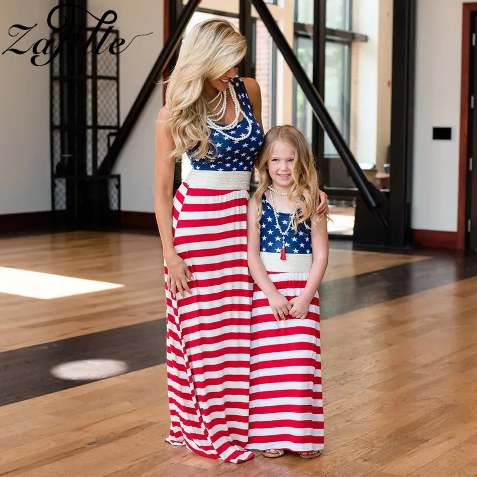 Sets Zafille Mother Kids Clothes Summer 4th of July Kids Girls Outfits Family Look Mom and Daughter Dress Independance Day Costume