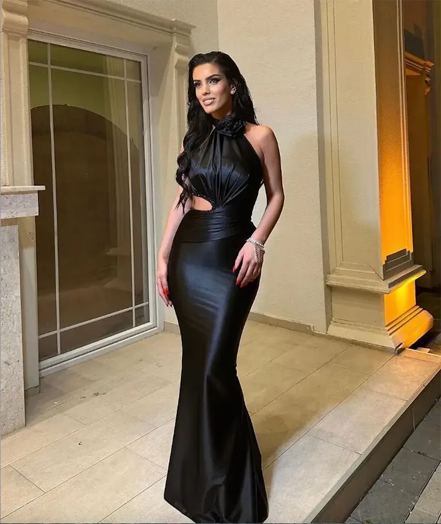 2024 Black Mermaid bridesmaid dress with Halter Neck, Beaded Cutout, 3D Flowers, and Sweep Train - Perfect for Evening Parties and Special Occasions