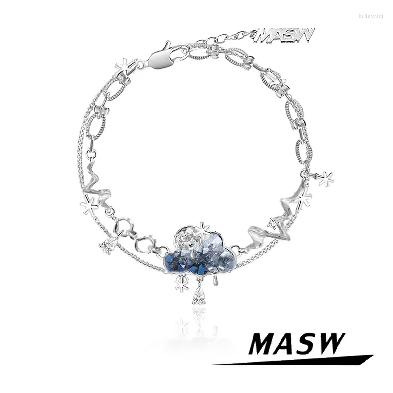 リンクブレスレットMasw Original Design Luxury Temperament Two Layer Blue Shiny Glass Charm Bracelet for Women Girl Prty Wedding Gift