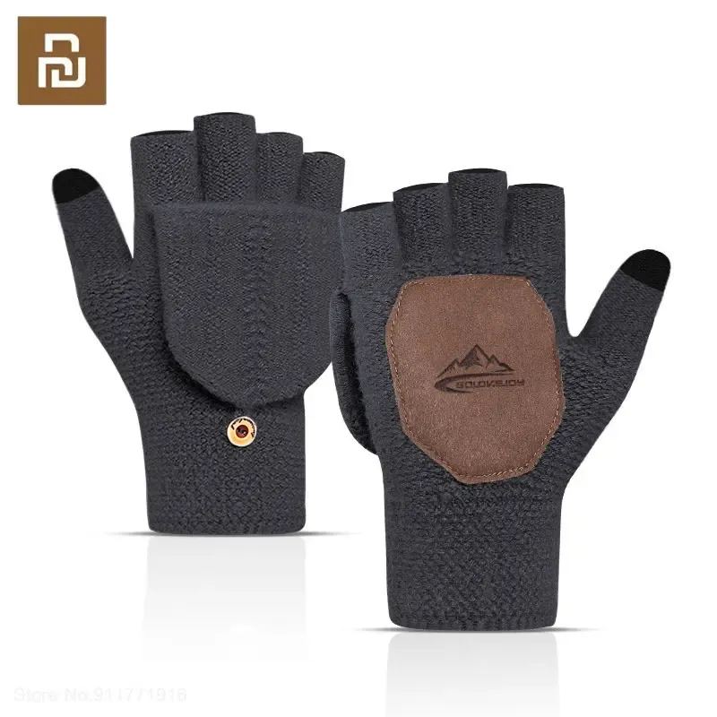 Control Youpin Knitted Flip Gloves Winter Warm Flexible Leather palms Touchscreen Gloves for Men Women Unisex Exposed Finger Mittens