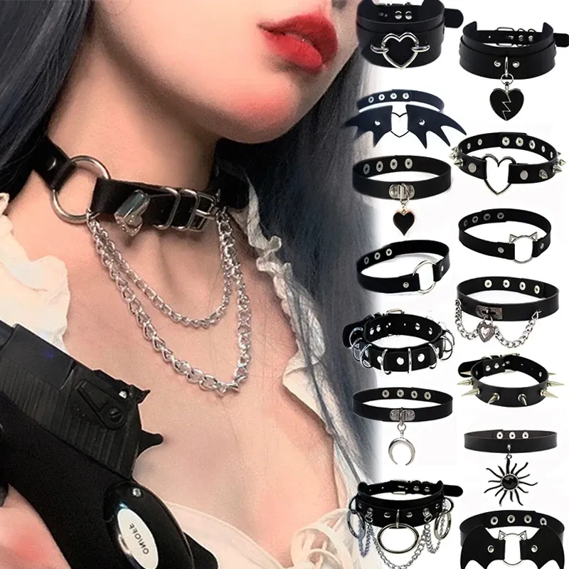 Colliers 20 styles sexy harajuku pu cuir courigh laster pendent colliers femmes hommes punk cou gothique noir collier cool collier cosplay