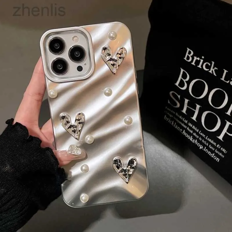 Case di telefonia cellulare Ins Silk Pattern Love Heart Pearl Wavy Telefono per iPhone 15 14 13 11 Pro Max XR XS 7 8 Plus 3 Copertina morbida a prova di shock D240424